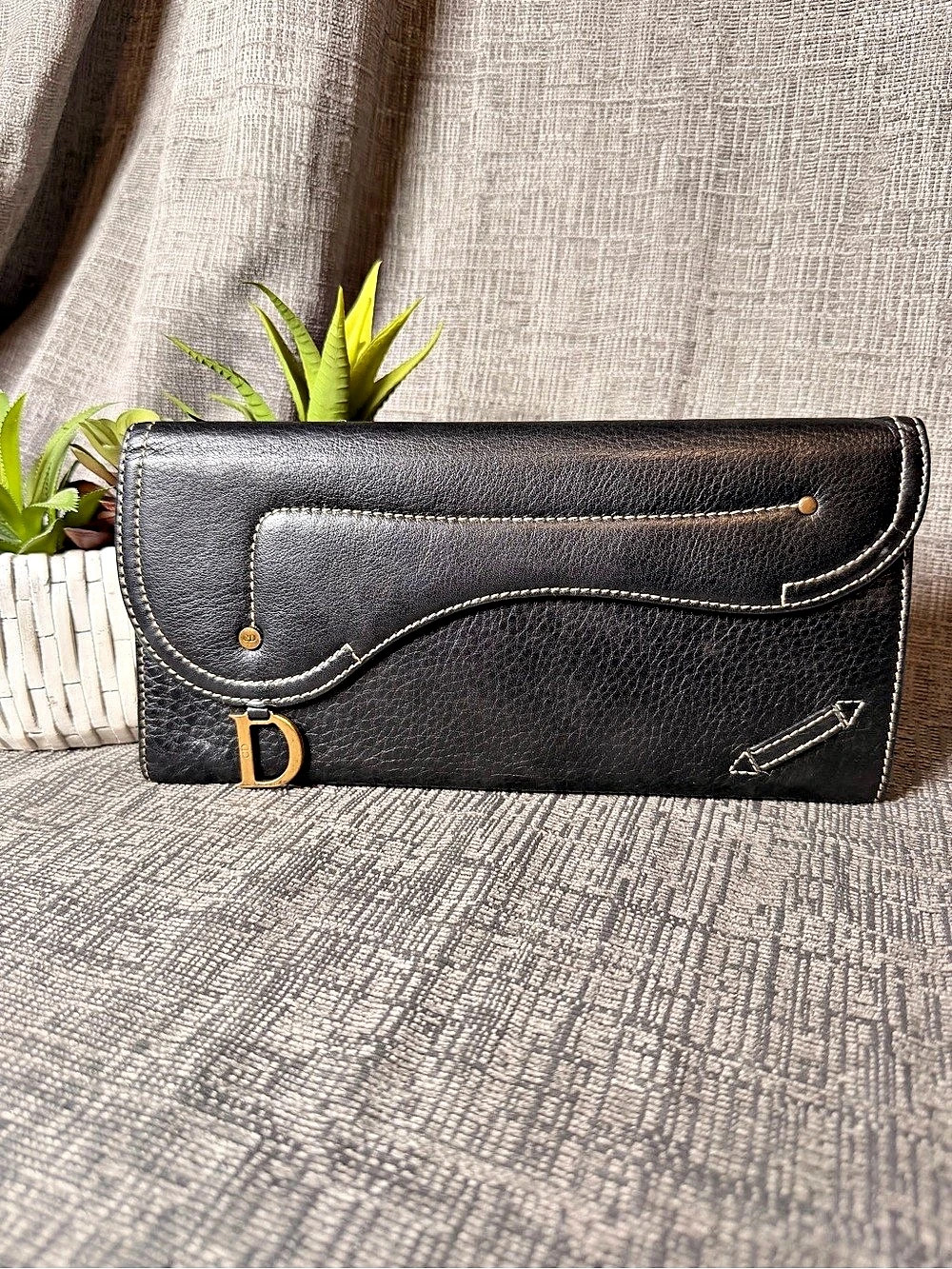 Christian Dior Saddle Long Wallet Black Leather